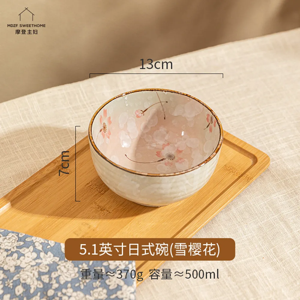 Modern SweetHome Japanese Rice Bowl - Snow Sakura Design, 5.1 Inch