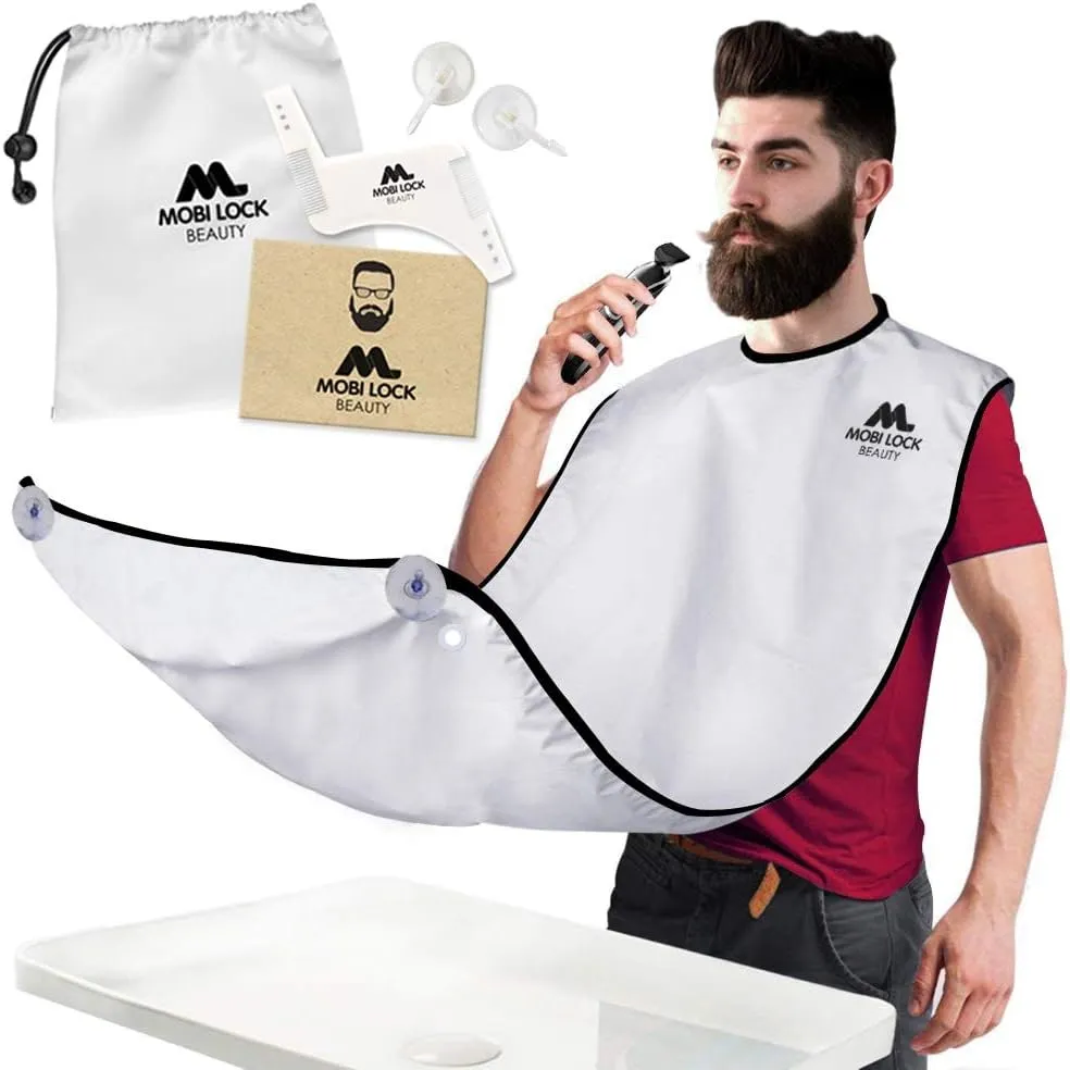 NEW Best Beard Shaving Bib The Smart Way to Shave Beard Trimming Apron - Perfect Grooming Gift or Mens Birthday Gift, Includes Shaping Comb, Bag, and Grooming E-Book by Mobi Lock