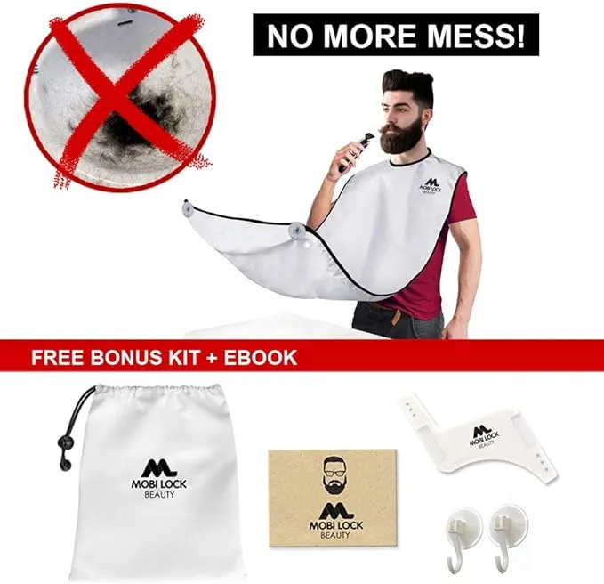 NEW Best Beard Shaving Bib The Smart Way to Shave Beard Trimming Apron - Perfect Grooming Gift or Mens Birthday Gift, Includes Shaping Comb, Bag, and Grooming E-Book by Mobi Lock