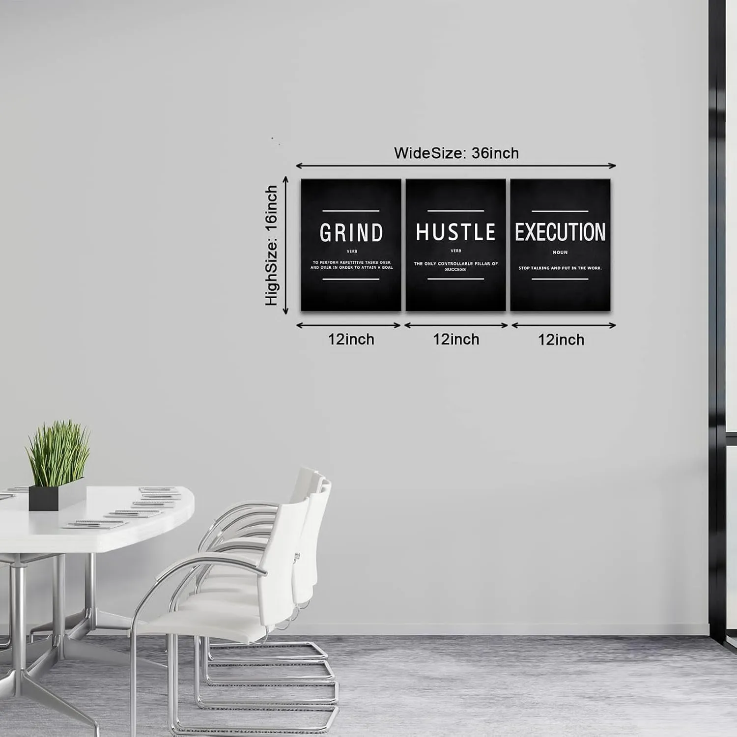 NEW of 3 Canvas Painting Wall Art, Grind Hustle Execution Motivational Wall Art Decoration Posters Prints for Living Room Bedroom, Office Decor, Gallery-Wrapped Canvas Art Set of 3 Framed Ready to Hang, 12x16in Each Canvas