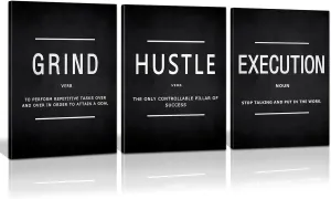 NEW of 3 Canvas Painting Wall Art, Grind Hustle Execution Motivational Wall Art Decoration Posters Prints for Living Room Bedroom, Office Decor, Gallery-Wrapped Canvas Art Set of 3 Framed Ready to Hang, 12x16in Each Canvas
