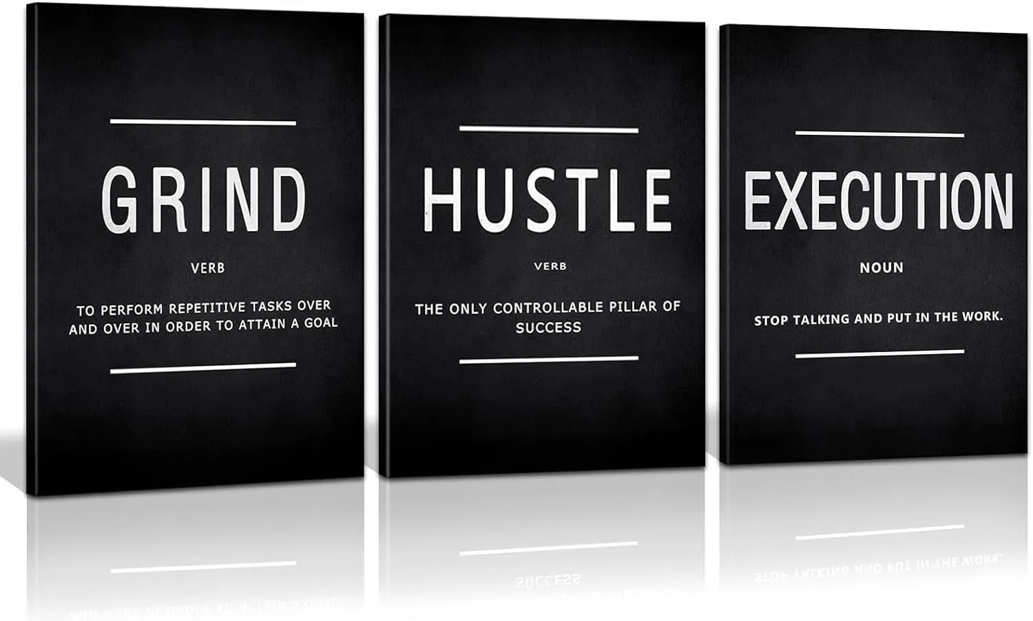 NEW of 3 Canvas Painting Wall Art, Grind Hustle Execution Motivational Wall Art Decoration Posters Prints for Living Room Bedroom, Office Decor, Gallery-Wrapped Canvas Art Set of 3 Framed Ready to Hang, 12x16in Each Canvas