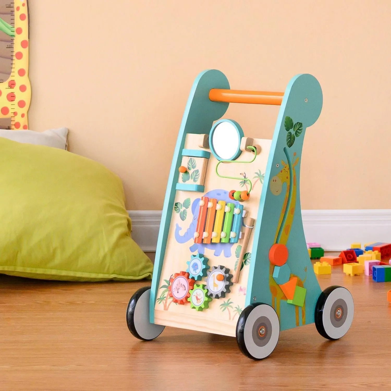 New Retails $119  Teamson Kids Preschool Play Lab Wooden Baby Walker and Activity Station, Natural/Blue, box is slightly distressed
