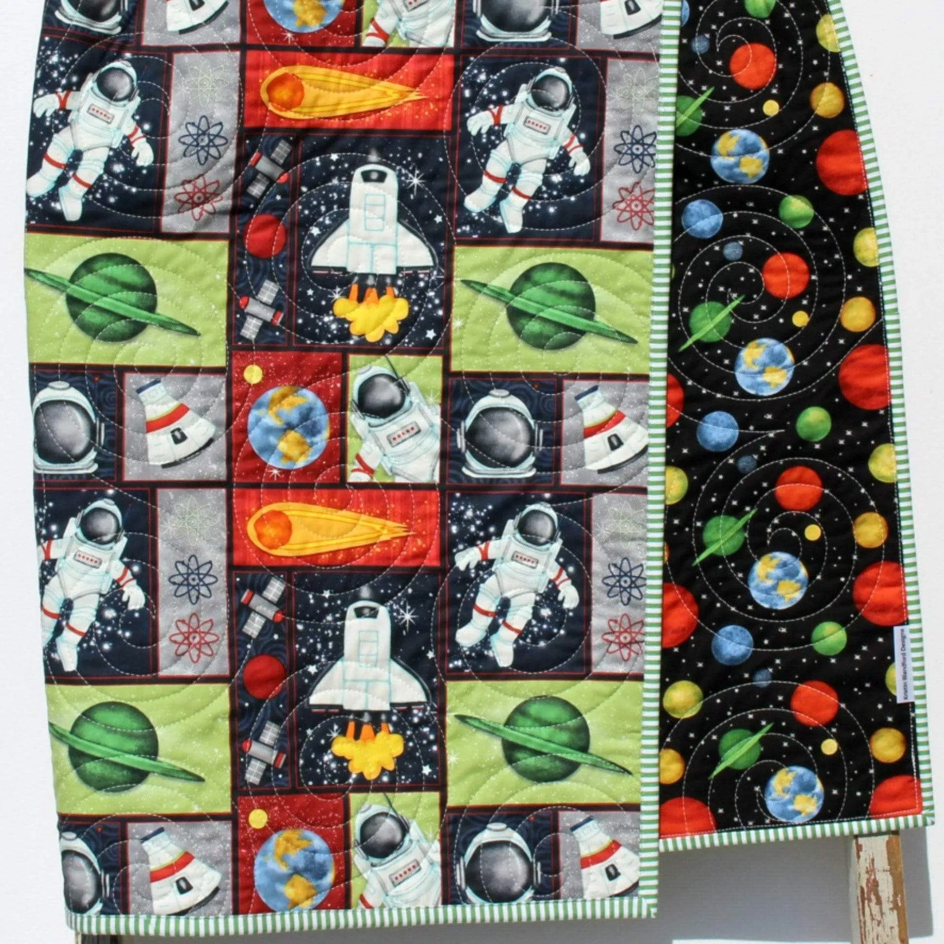 Planets Quilt, Space Crib Bedding, Solar System Quilt, Science Nursery Decor, Astronomy Blanket for Baby, Cot, Navy Blue, Moon Rocket Boys