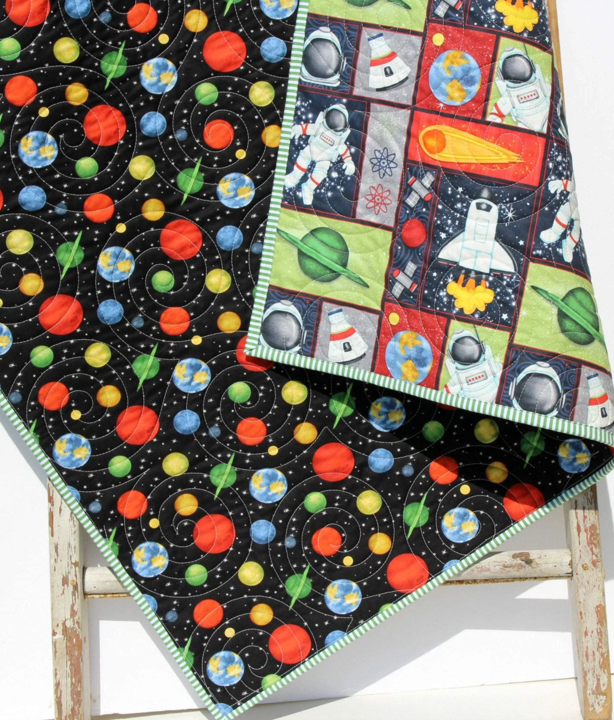 Planets Quilt, Space Crib Bedding, Solar System Quilt, Science Nursery Decor, Astronomy Blanket for Baby, Cot, Navy Blue, Moon Rocket Boys