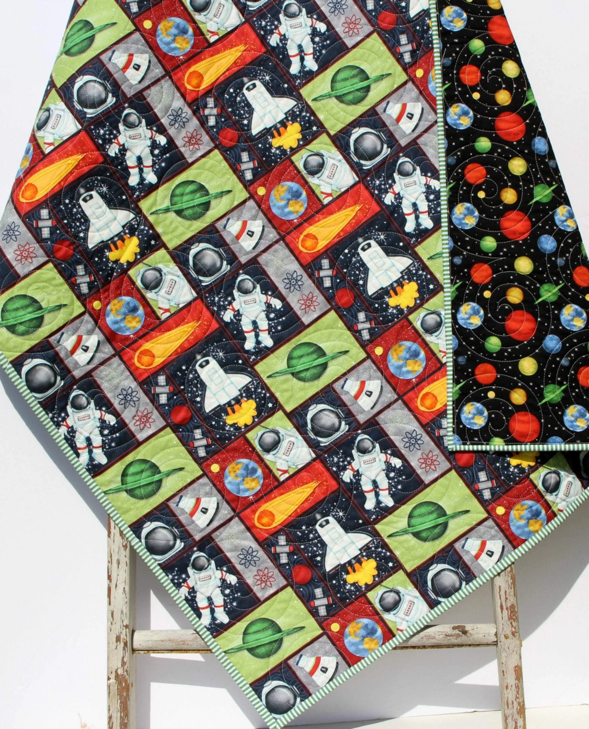 Planets Quilt, Space Crib Bedding, Solar System Quilt, Science Nursery Decor, Astronomy Blanket for Baby, Cot, Navy Blue, Moon Rocket Boys