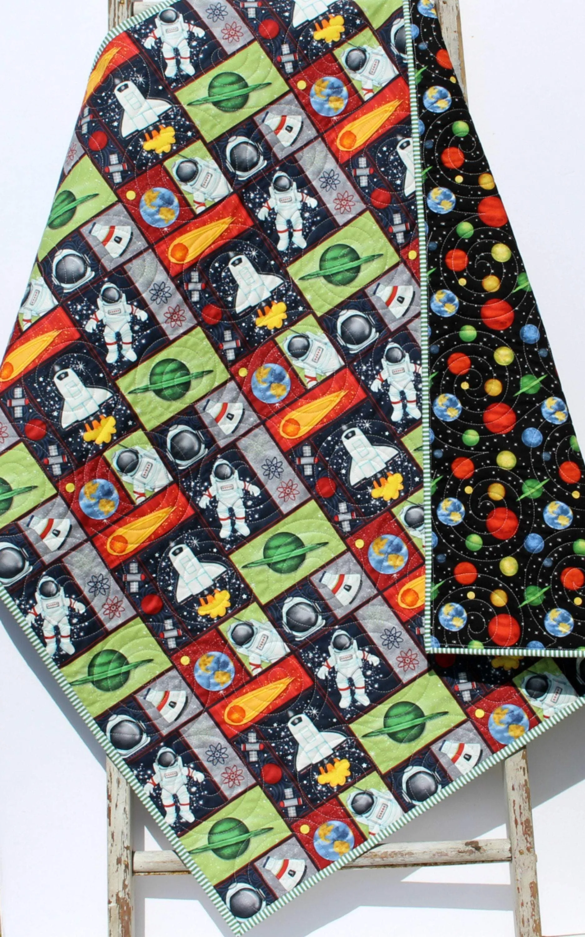 Planets Quilt, Space Crib Bedding, Solar System Quilt, Science Nursery Decor, Astronomy Blanket for Baby, Cot, Navy Blue, Moon Rocket Boys