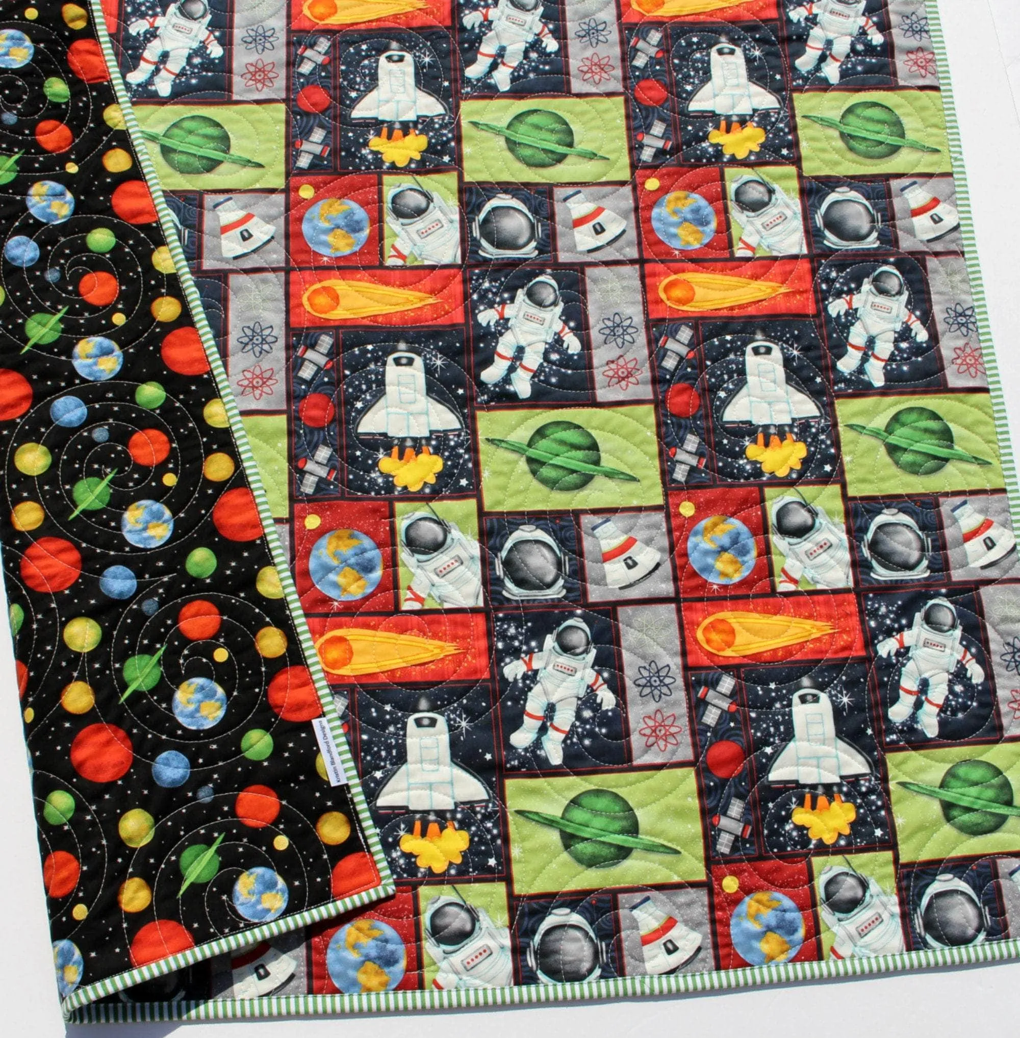 Planets Quilt, Space Crib Bedding, Solar System Quilt, Science Nursery Decor, Astronomy Blanket for Baby, Cot, Navy Blue, Moon Rocket Boys