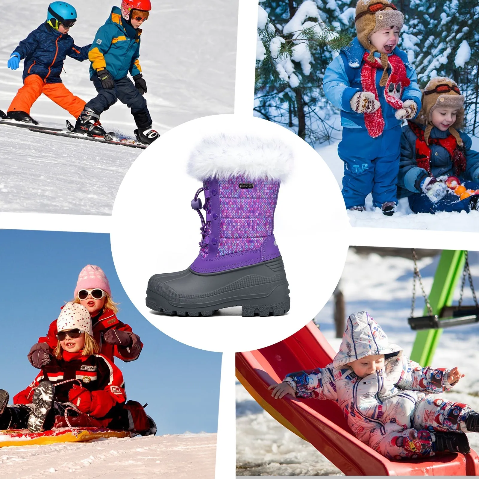 Purple Fur Collar Warm Non-Slip Snow Boots