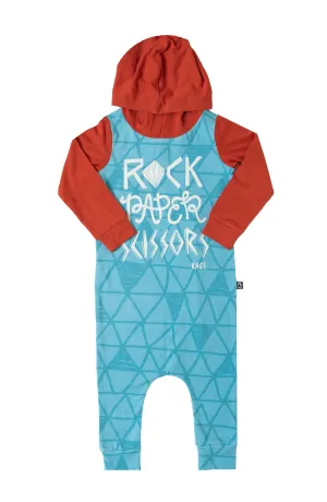 RAGS Long Sleeve Hooded Rag Romper - Rock Paper Scissors - Cameo Blue