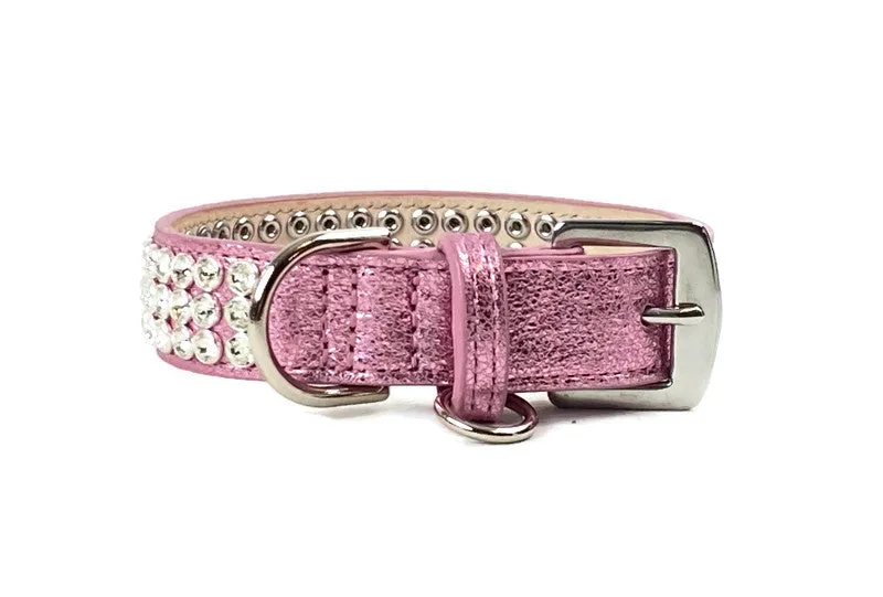 Sonny Triple Row All Clear Crystal Leather Dog Collar