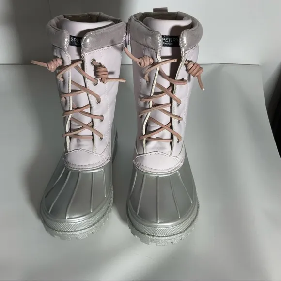 Sperry Kid’s Trailboard Boot Pink Shaft Laces Silver Upper Rubber Sole Zipper 3M