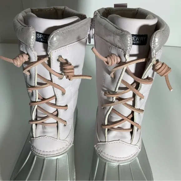 Sperry Kid’s Trailboard Boot Pink Shaft Laces Silver Upper Rubber Sole Zipper 3M