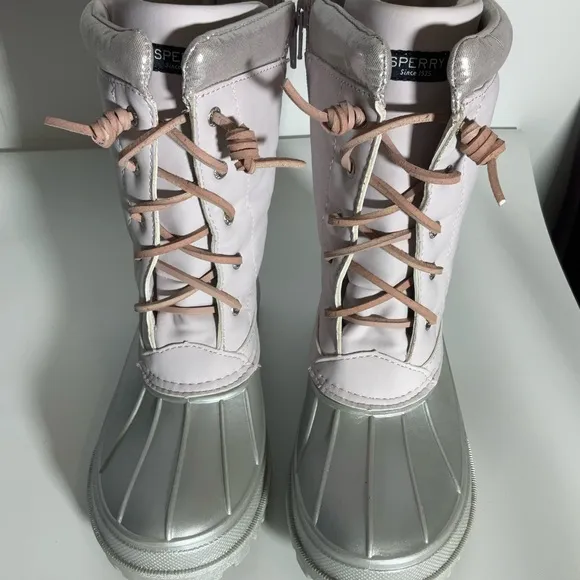 Sperry Kid’s Trailboard Boot Pink Shaft Laces Silver Upper Rubber Sole Zipper 3M