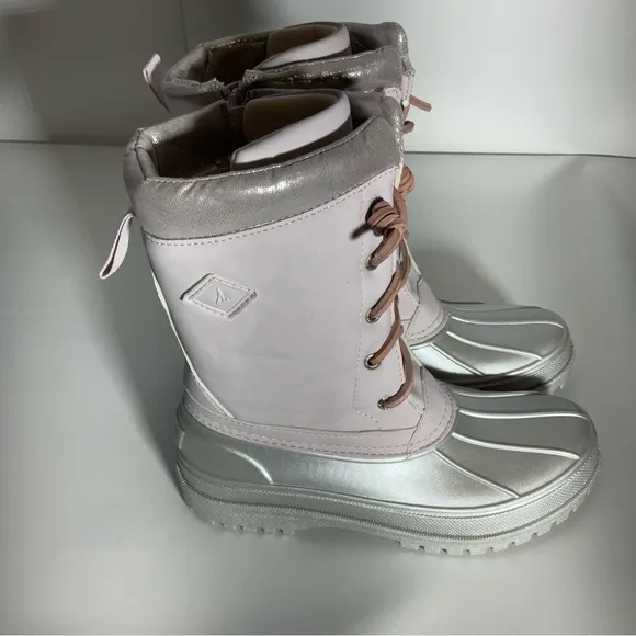Sperry Kid’s Trailboard Boot Pink Shaft Laces Silver Upper Rubber Sole Zipper 3M