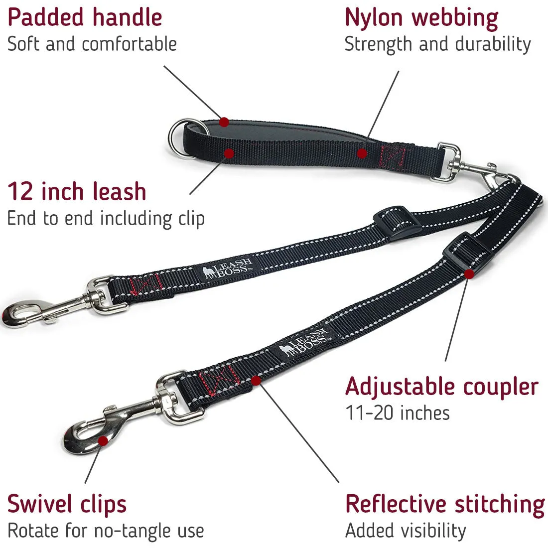 Two Dog Leash Coupler and Quick Grab 12 Inch Short Lead with Padded Handle