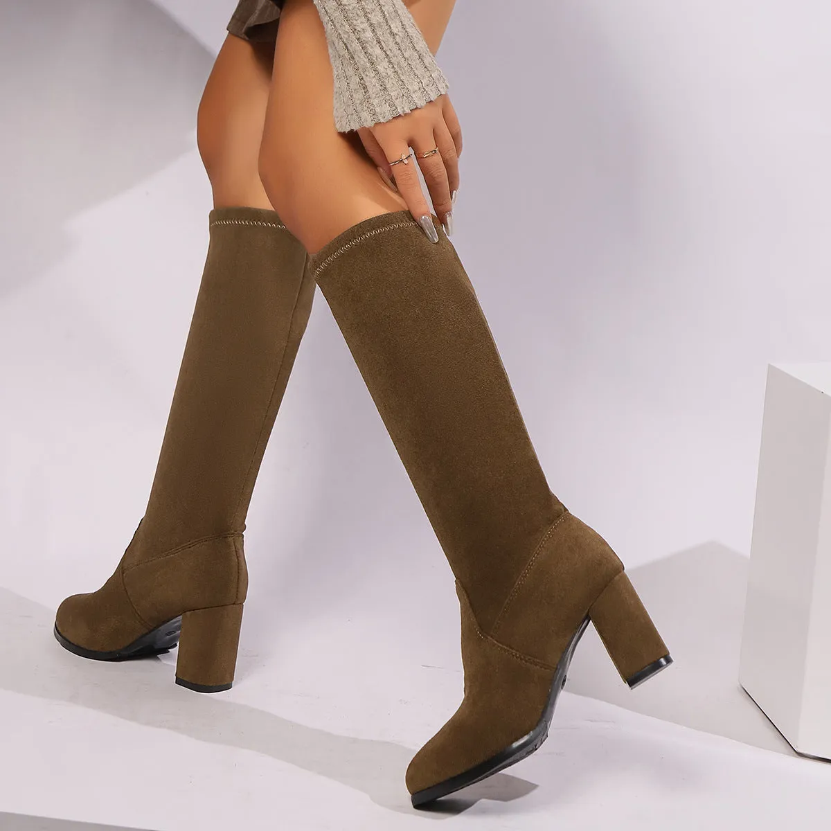 Winter New Plus Size Boots Round Head Chunky Heel Women's High Leg Boot