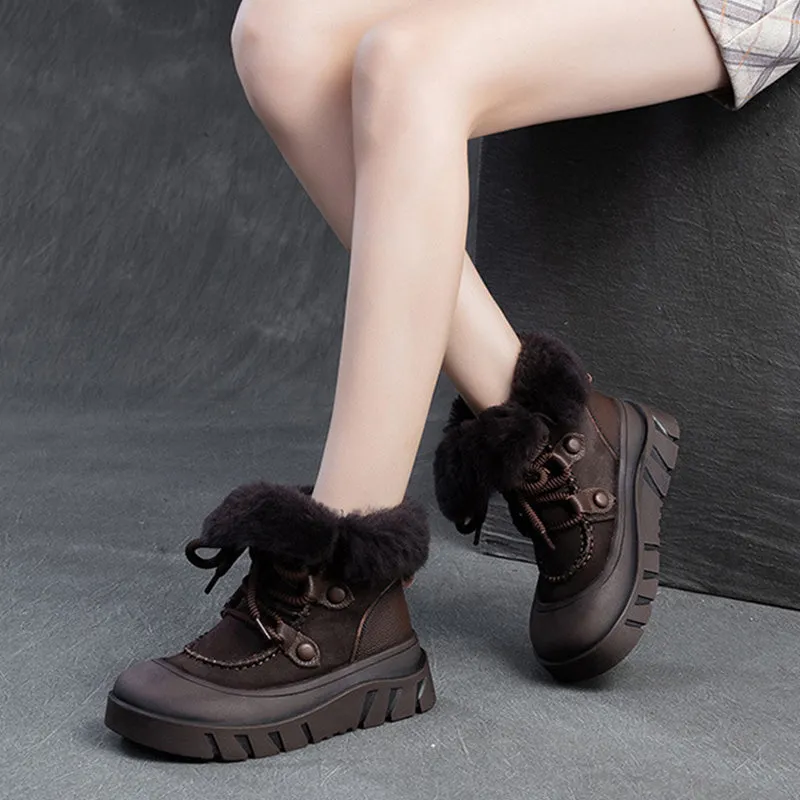 Women Retro Leather Casual Wool Snow Boots