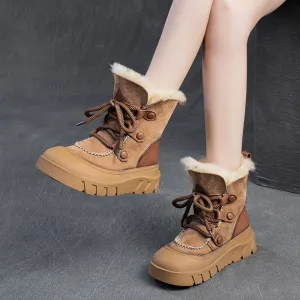 Women Retro Leather Casual Wool Snow Boots