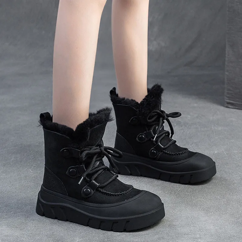Women Retro Leather Casual Wool Snow Boots