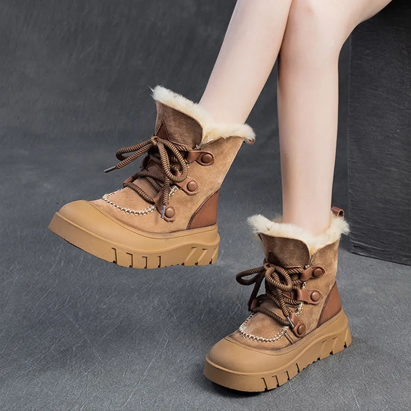 Women Retro Leather Casual Wool Snow Boots