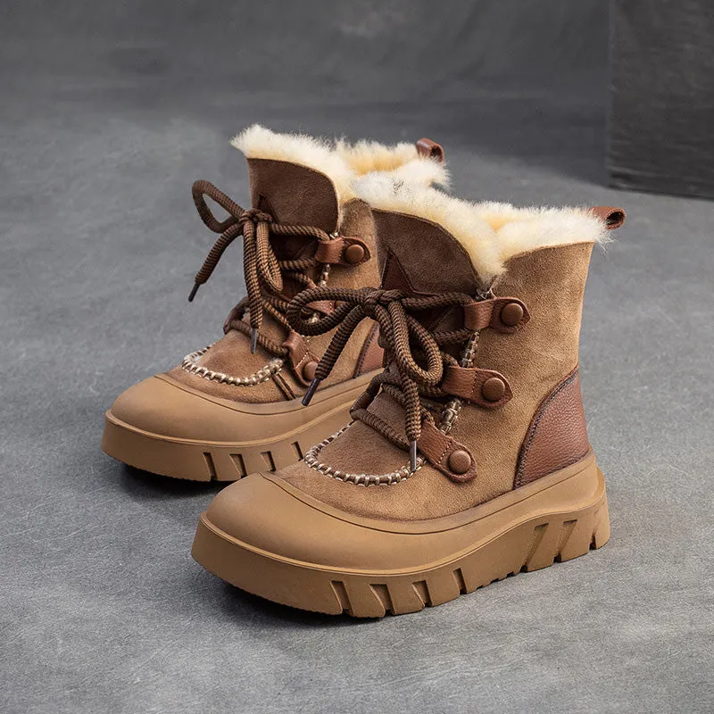Women Retro Leather Casual Wool Snow Boots