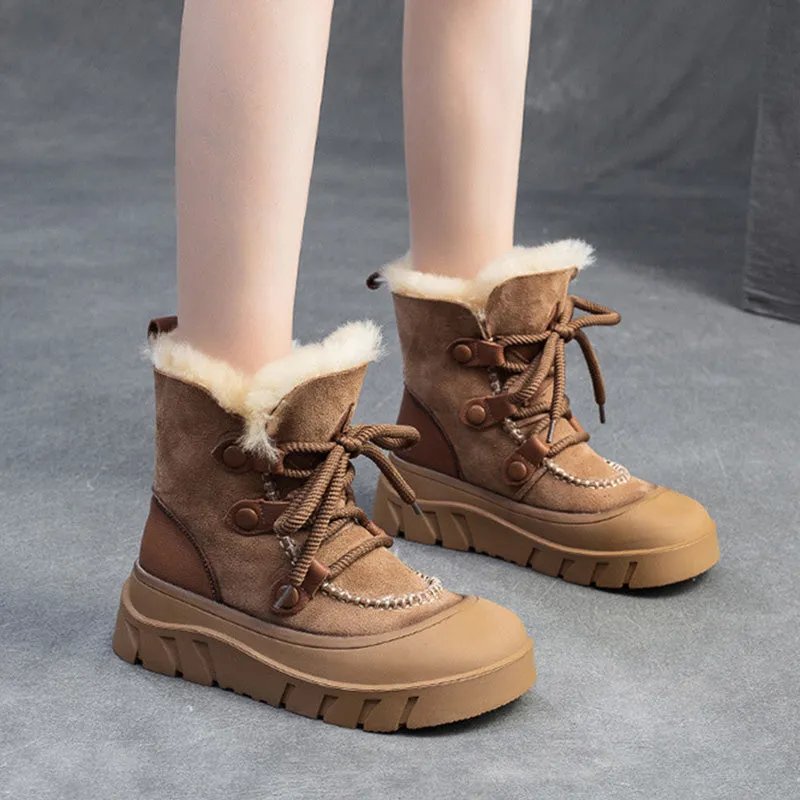 Women Retro Leather Casual Wool Snow Boots