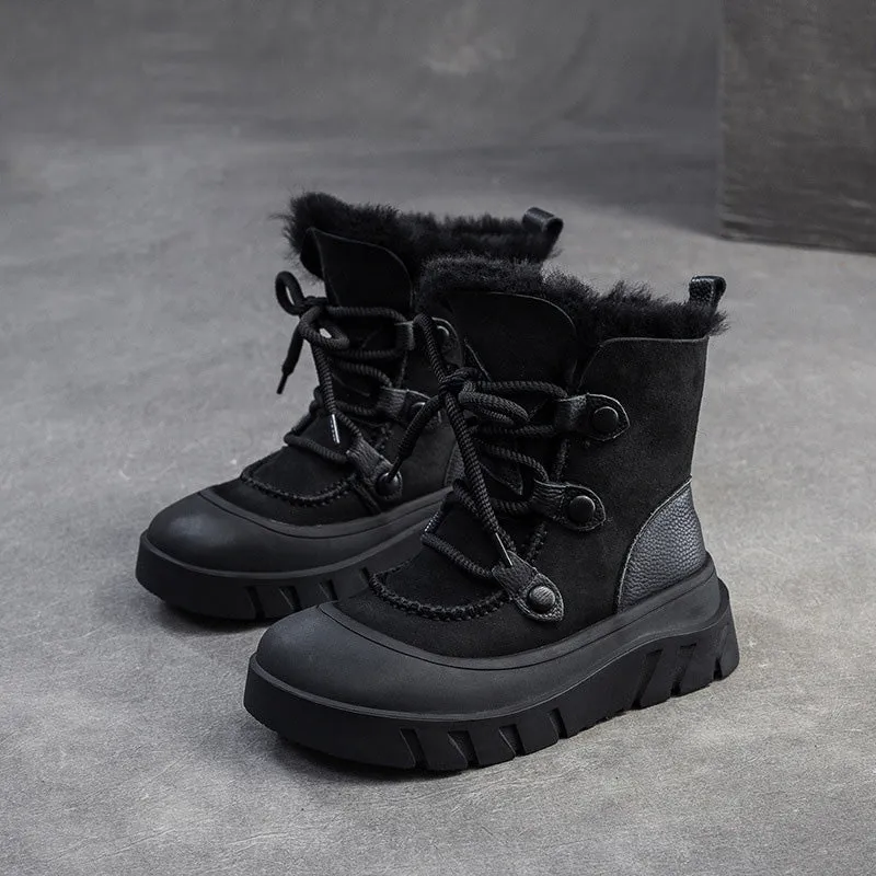 Women Retro Leather Casual Wool Snow Boots