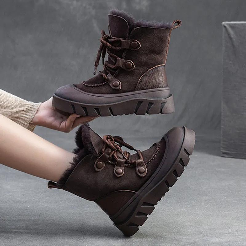 Women Retro Leather Casual Wool Snow Boots