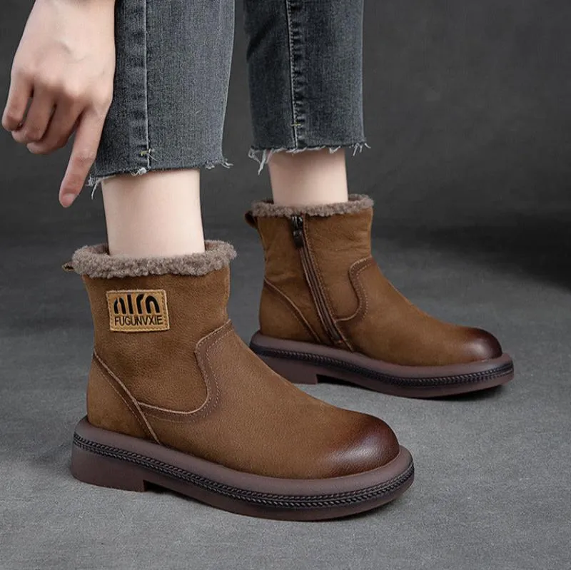 Women Retro Quilted Leather Furred Ankle Snow Boots