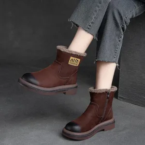 Women Retro Quilted Leather Furred Ankle Snow Boots