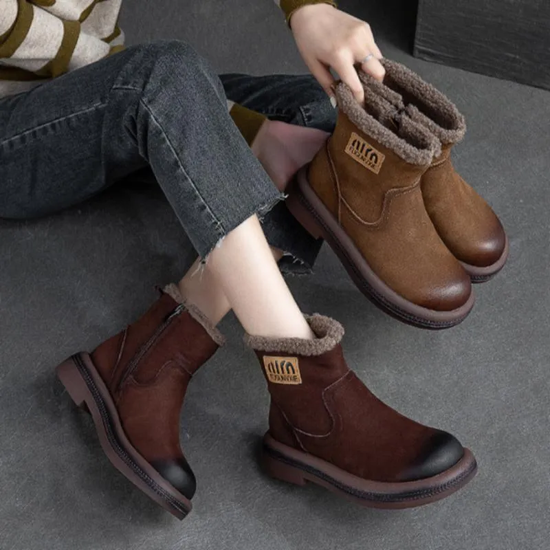 Women Retro Quilted Leather Furred Ankle Snow Boots