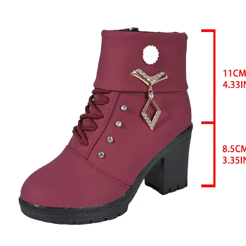 Women's Chunky Heeled Ankle Boots with Rhinestone Decor