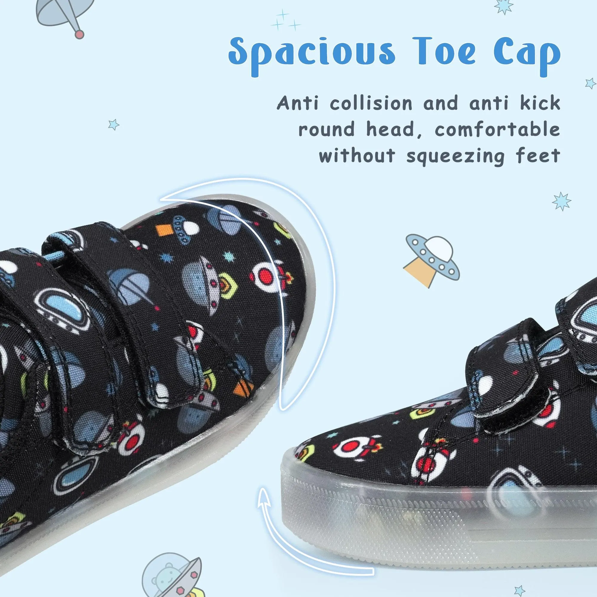 YESKIS Boys Luminous Shoes Vivaki LED Canvas Velcro Cartoon Casual Sports Shoes Black