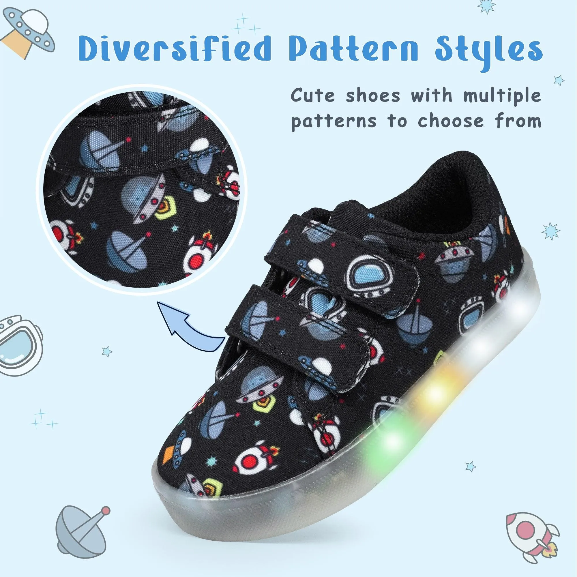 YESKIS Boys Luminous Shoes Vivaki LED Canvas Velcro Cartoon Casual Sports Shoes Black