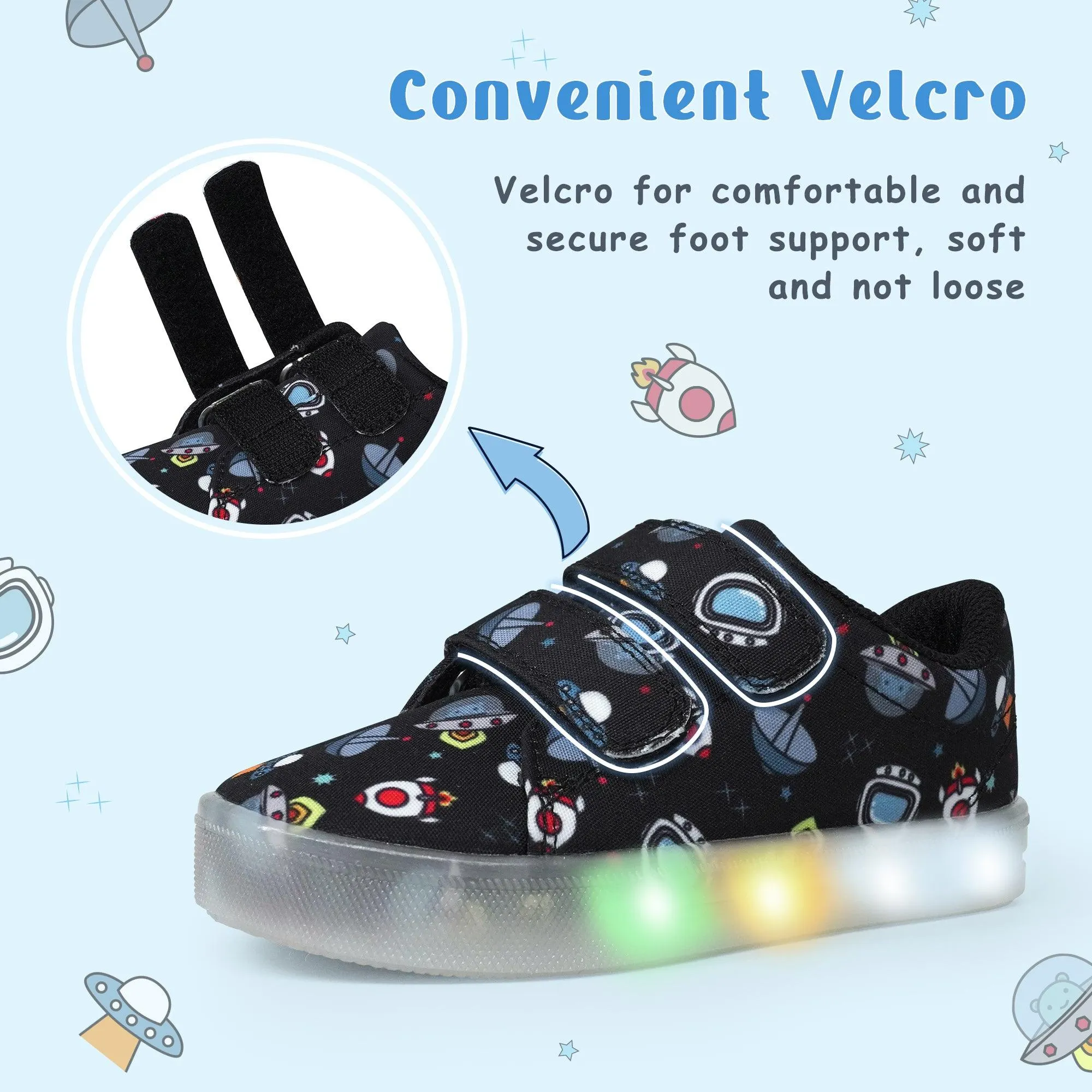 YESKIS Boys Luminous Shoes Vivaki LED Canvas Velcro Cartoon Casual Sports Shoes Black