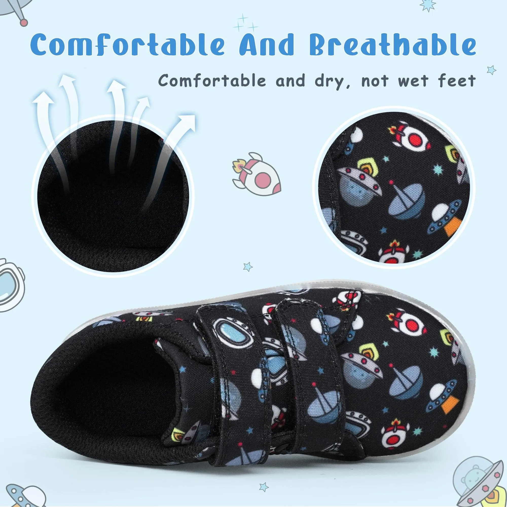 YESKIS Boys Luminous Shoes Vivaki LED Canvas Velcro Cartoon Casual Sports Shoes Black