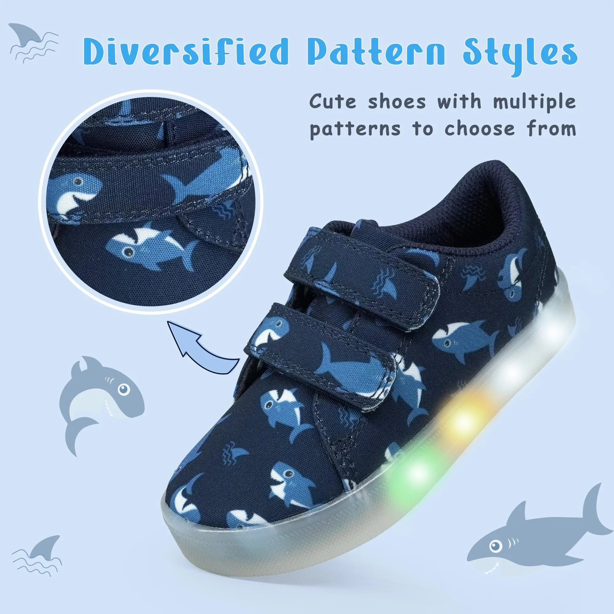 YESKIS Boys Luminous Shoes Vivaki LED Canvas Velcro Cartoon Casual Sports Shoes Navy Blue