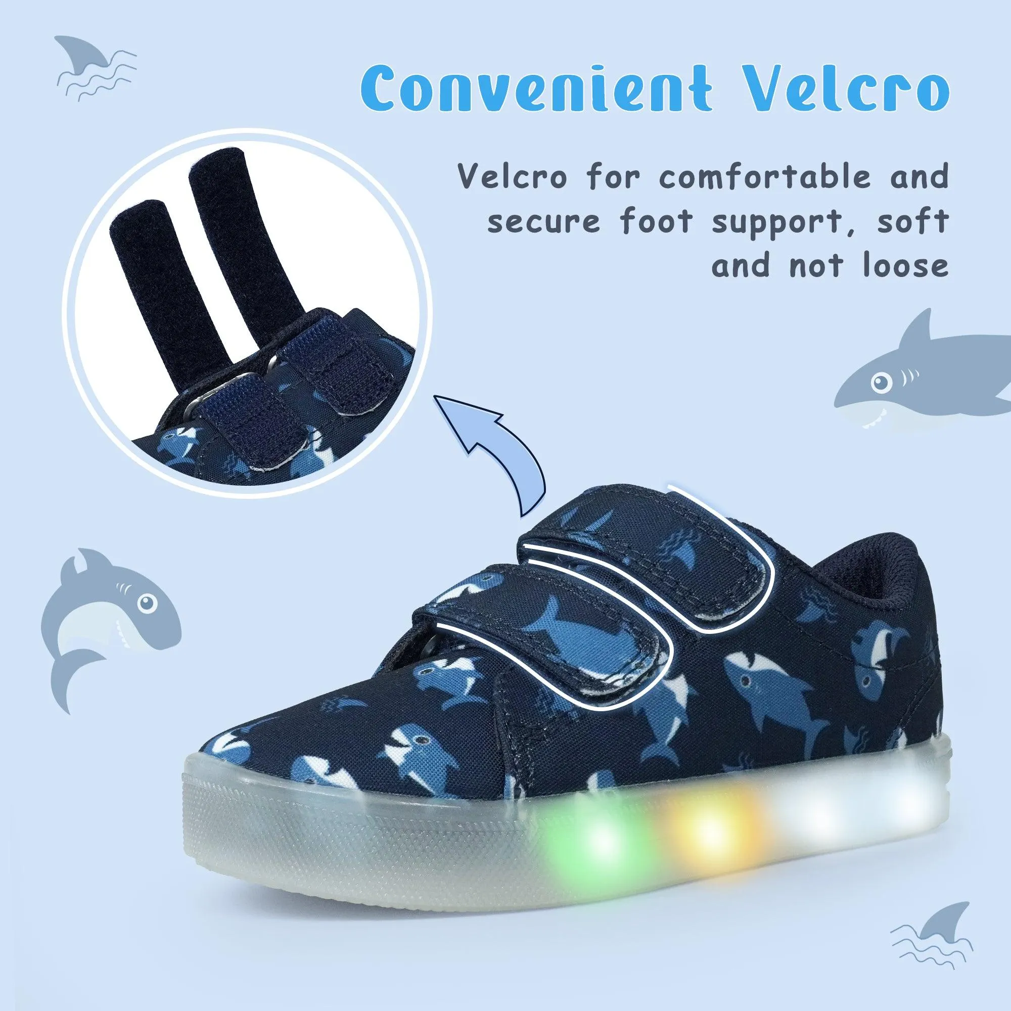 YESKIS Boys Luminous Shoes Vivaki LED Canvas Velcro Cartoon Casual Sports Shoes Navy Blue