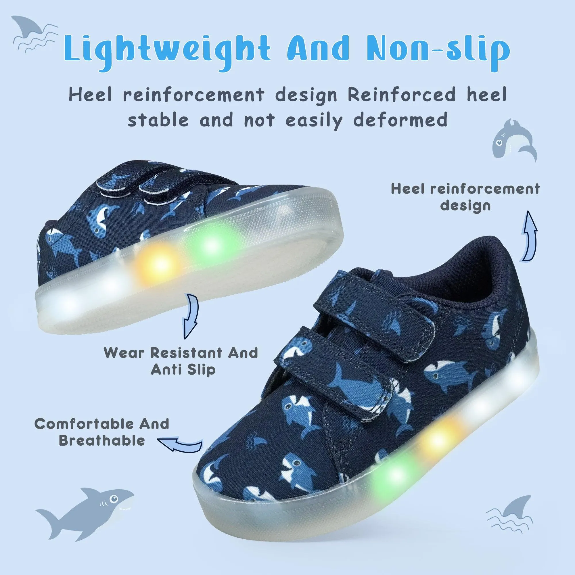 YESKIS Boys Luminous Shoes Vivaki LED Canvas Velcro Cartoon Casual Sports Shoes Navy Blue