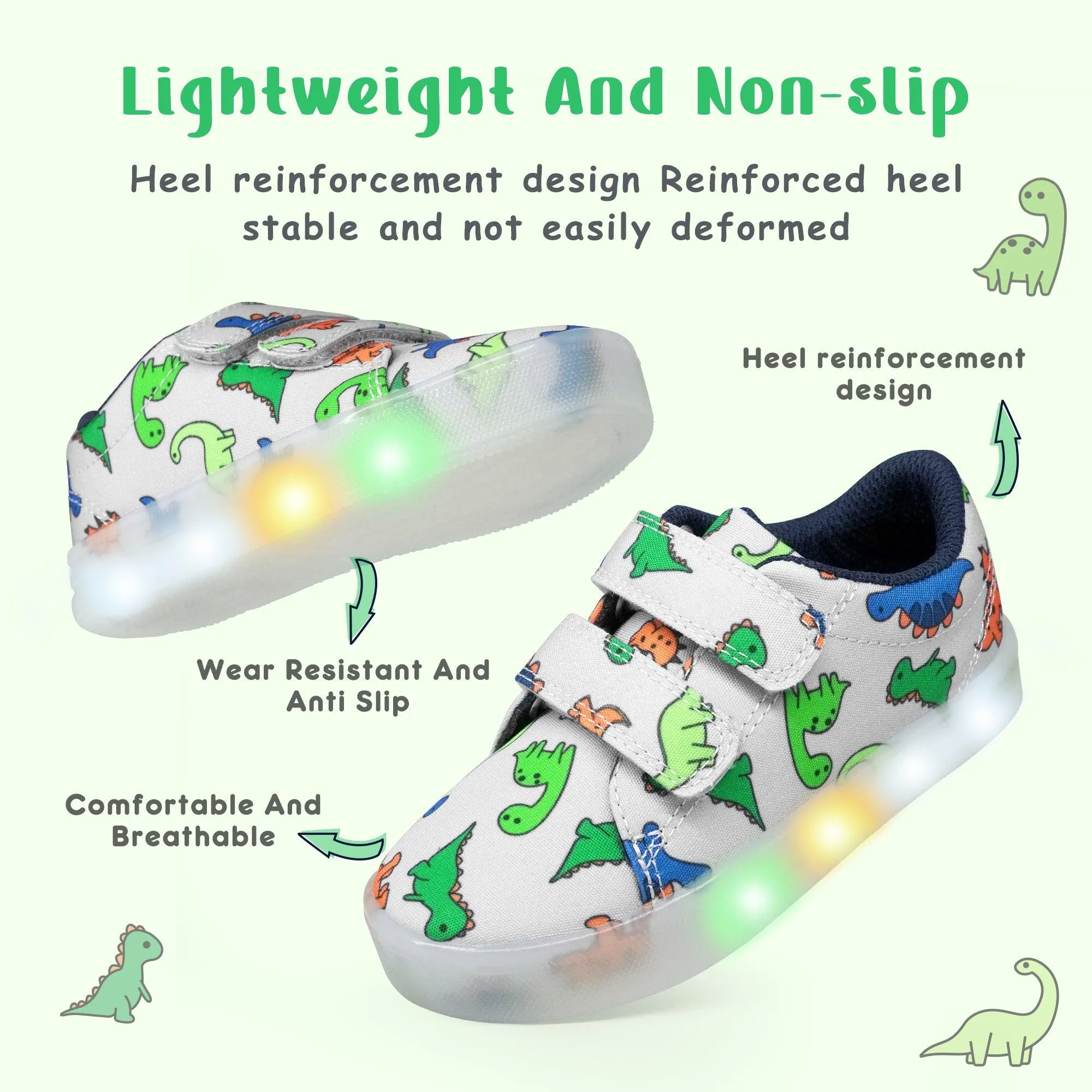 YESKIS Boys Luminous Shoes Vivaki LED Canvas Velcro Cartoon Casual Sports Shoes White