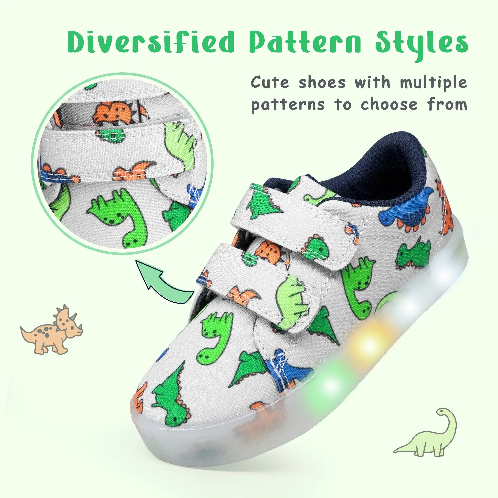 YESKIS Boys Luminous Shoes Vivaki LED Canvas Velcro Cartoon Casual Sports Shoes White