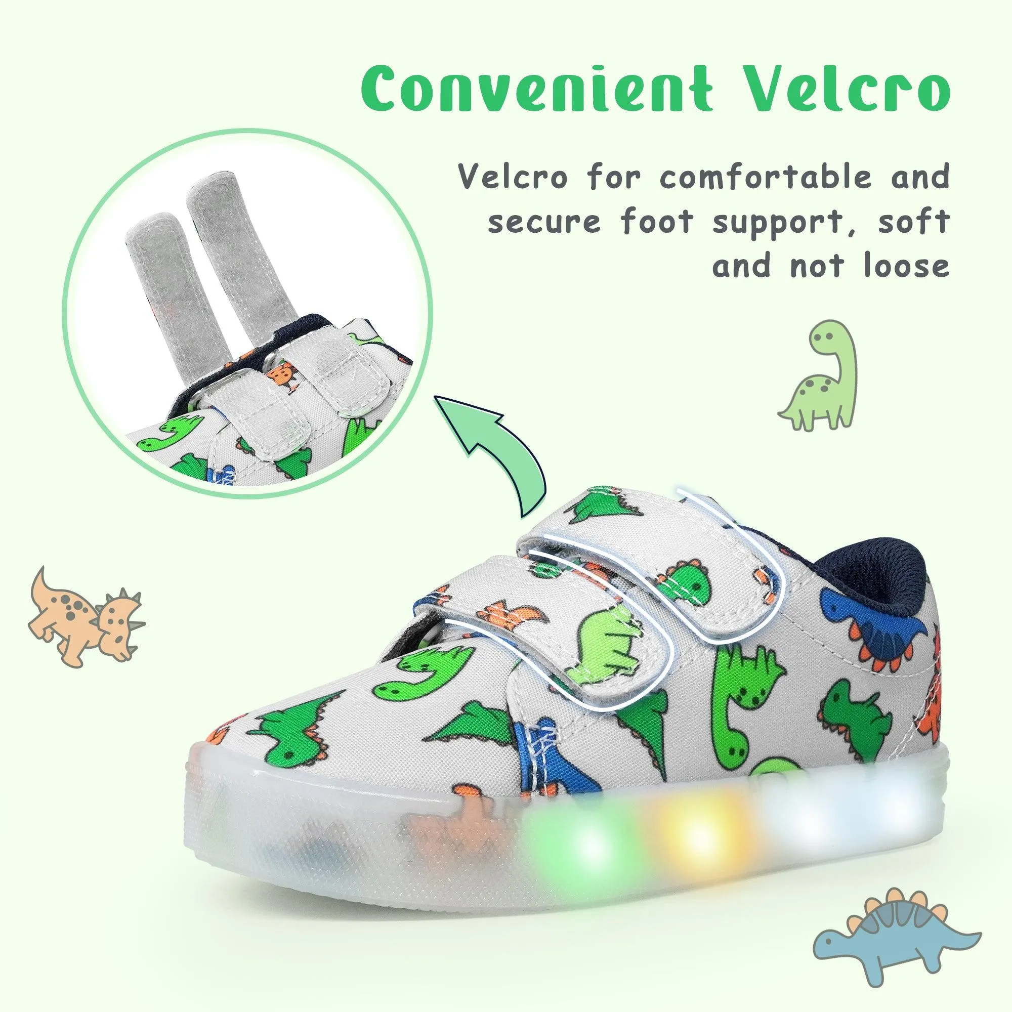 YESKIS Boys Luminous Shoes Vivaki LED Canvas Velcro Cartoon Casual Sports Shoes White